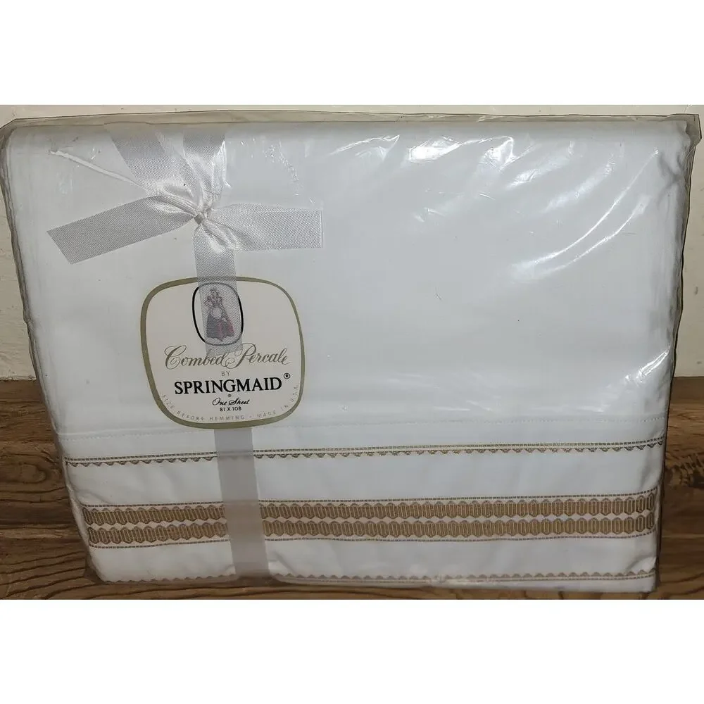 Vintage Springmaid Combed Percale Flat Sheet White Gold Trim 81x108 Made in USA